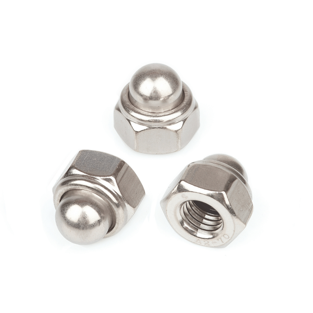 Hexagon nut, domed cap, prevailing torque with insert DIN 986, material A2 or A4